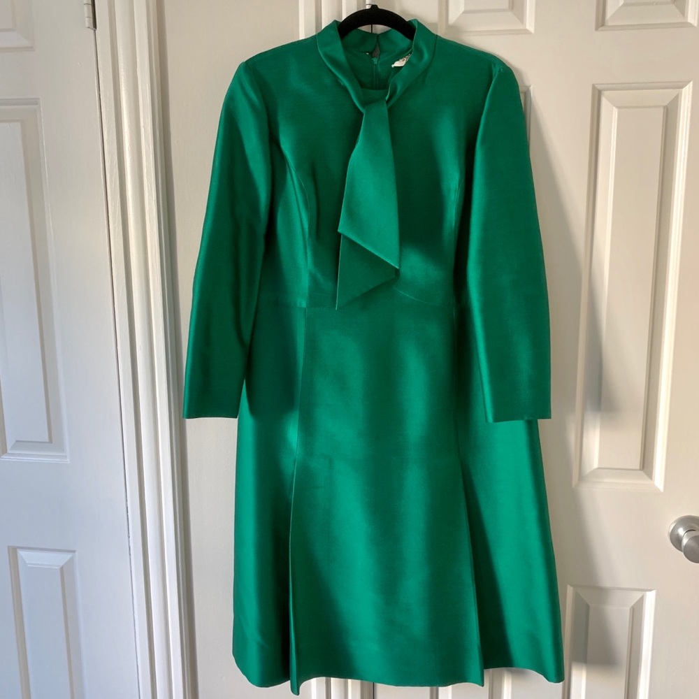 Green Tie-Neck Long Sleeve A-Line Dress